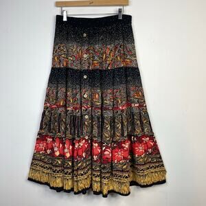 Vintage Carole Little Crinkle Tiered Button Artsy Floral Boho Long Maxi Skirt M